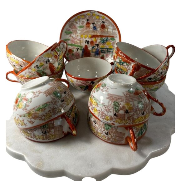 Vtg  Japanese 11 TeaCups 1 Saucer Asian Geisha Eggshell Porcelain Hand Painted - Picture 1 of 7